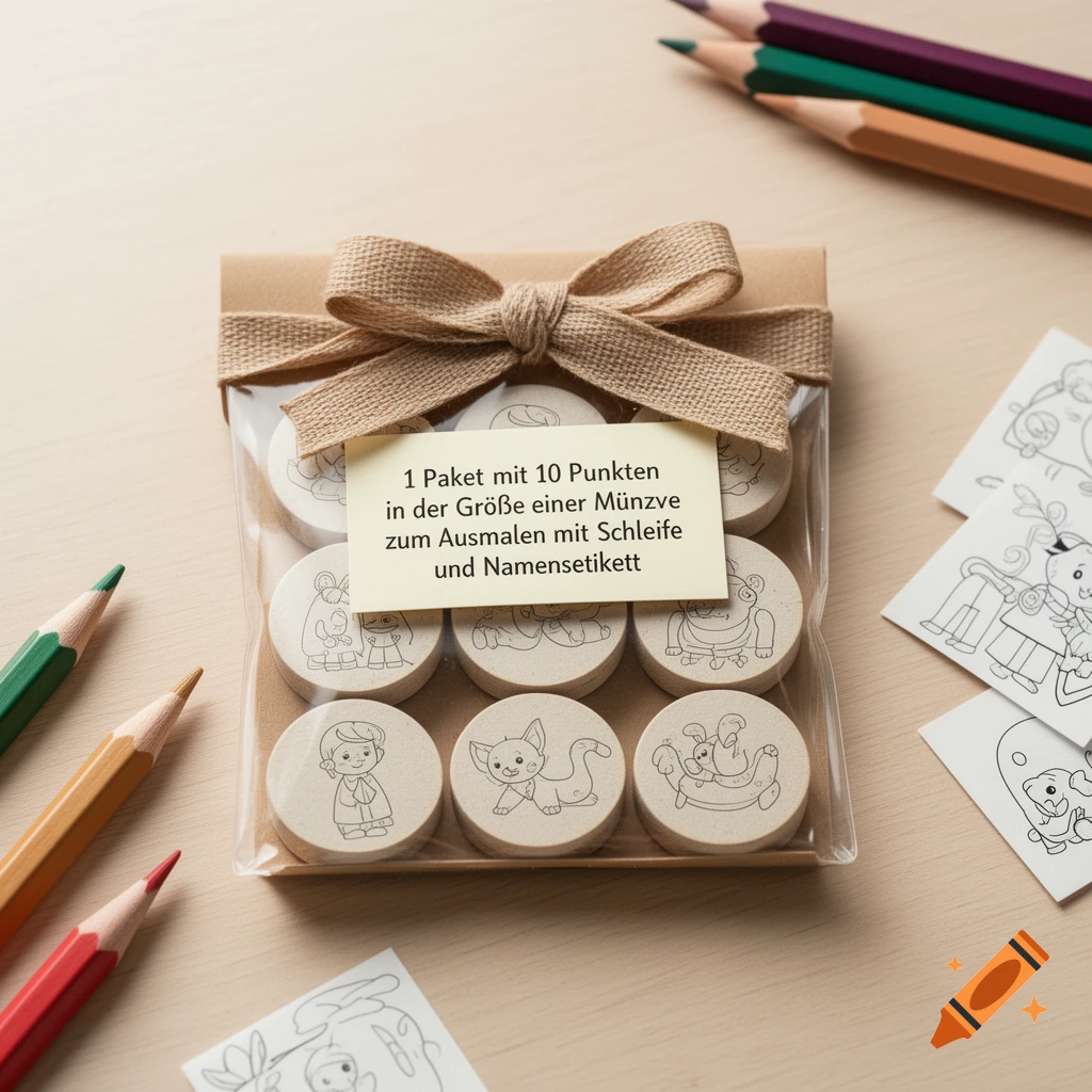 A clear plastic bag filled with round wooden tokens featuring cute drawings, tied with a burlap bow, placed on a wooden table with colored pencils.