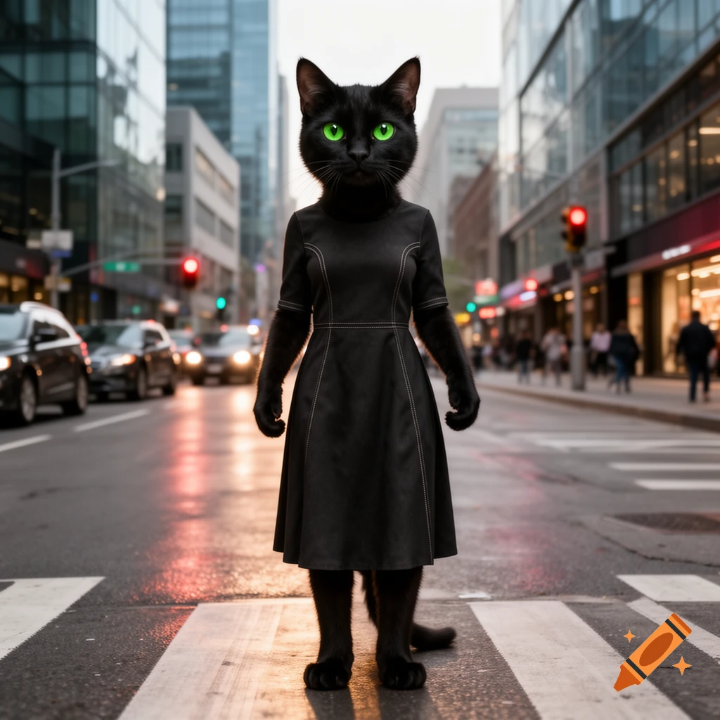 Photorealistic image of a black anthropomorphic cat with green eyes wearing a black dress, standing on a city crosswalk.