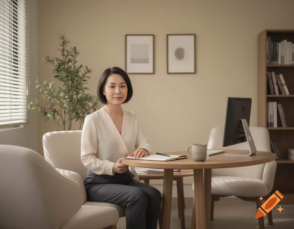 An Asian female therapist sitting at a wooden table in a well-lit modern office, photorealistic style.