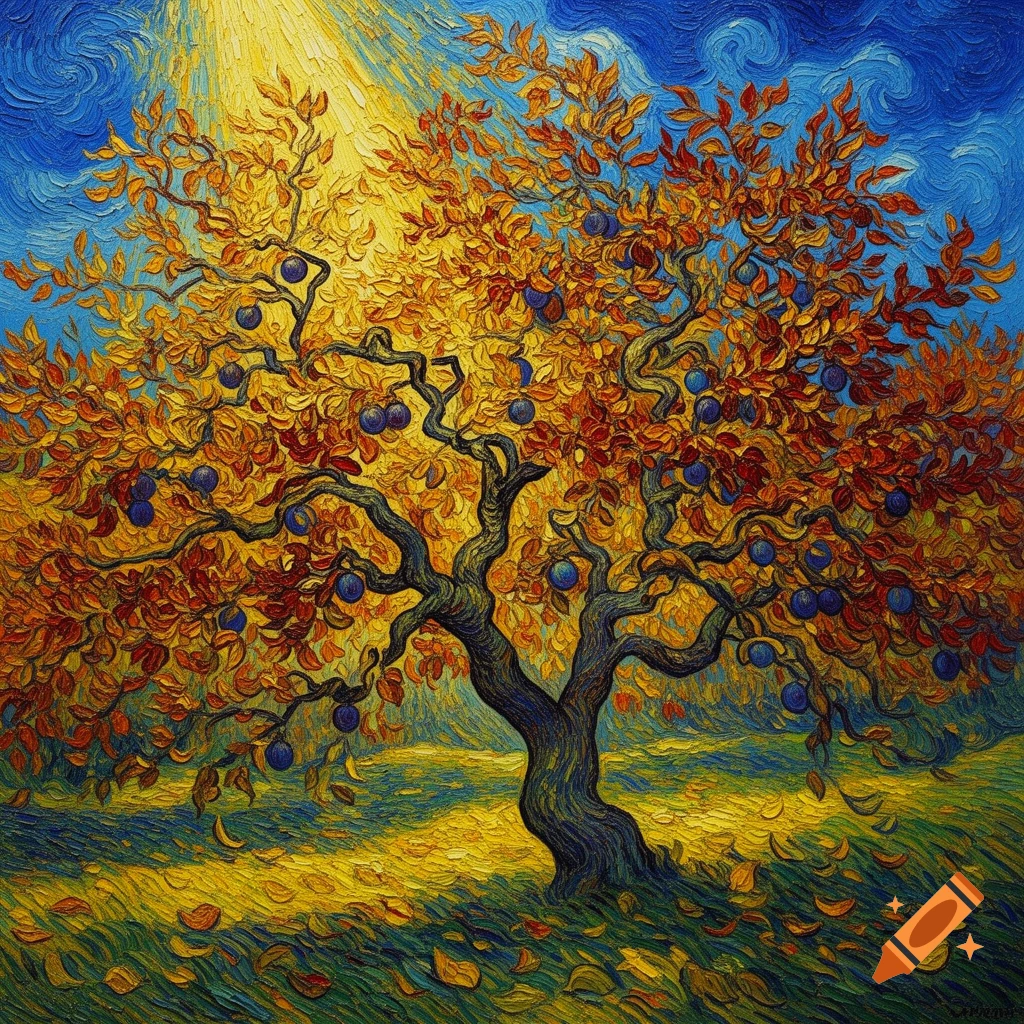 An oil painting of an autumn plum tree in the expressive, swirled brushstroke style of Vincent van Gogh.