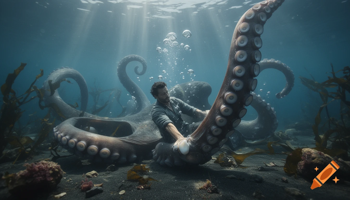 Cinematic underwater photo of a man trapped by a giant octopus tentacle on the ocean floor.