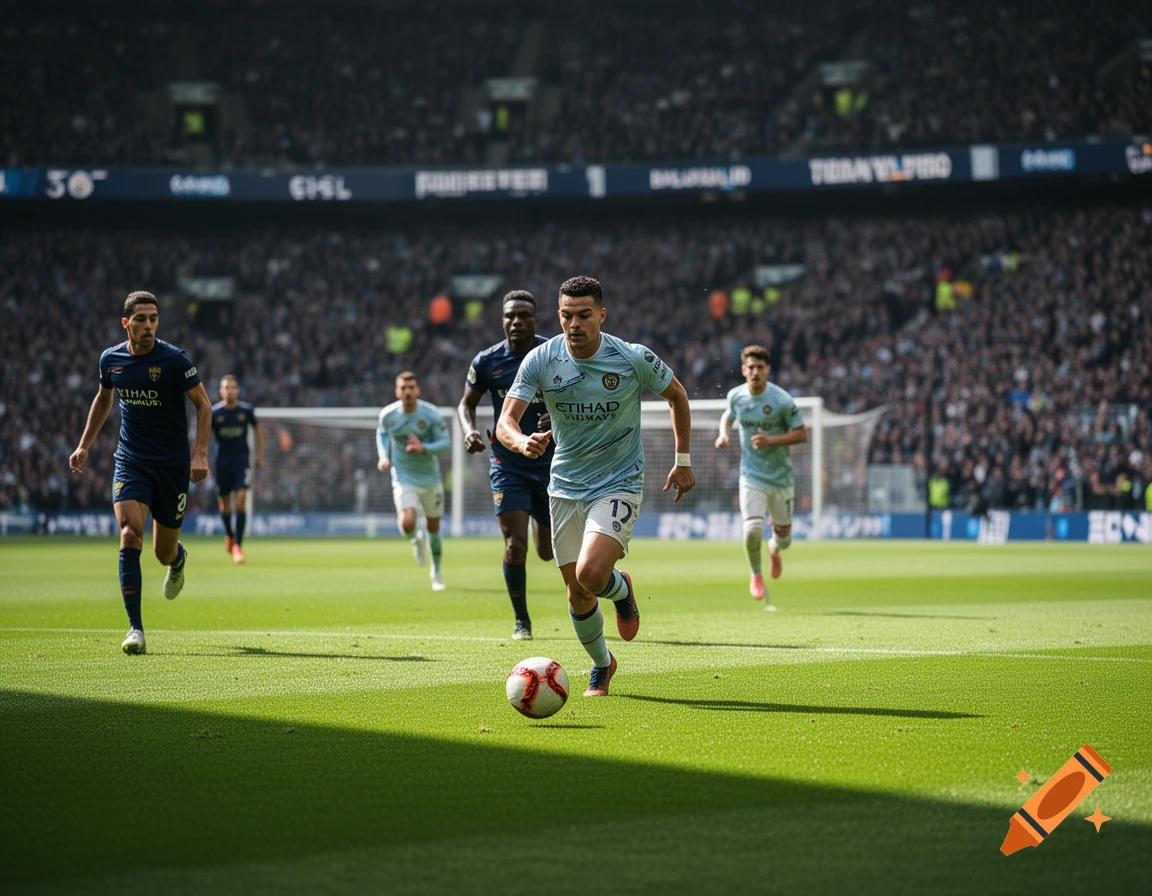 Photorealistic action shot of soccer players running across a green pitch in a crowded stadium.