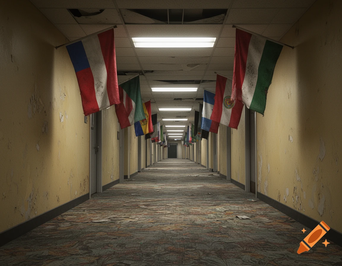 Photorealistic long eerie hallway with stained flags hanging from the ceiling.