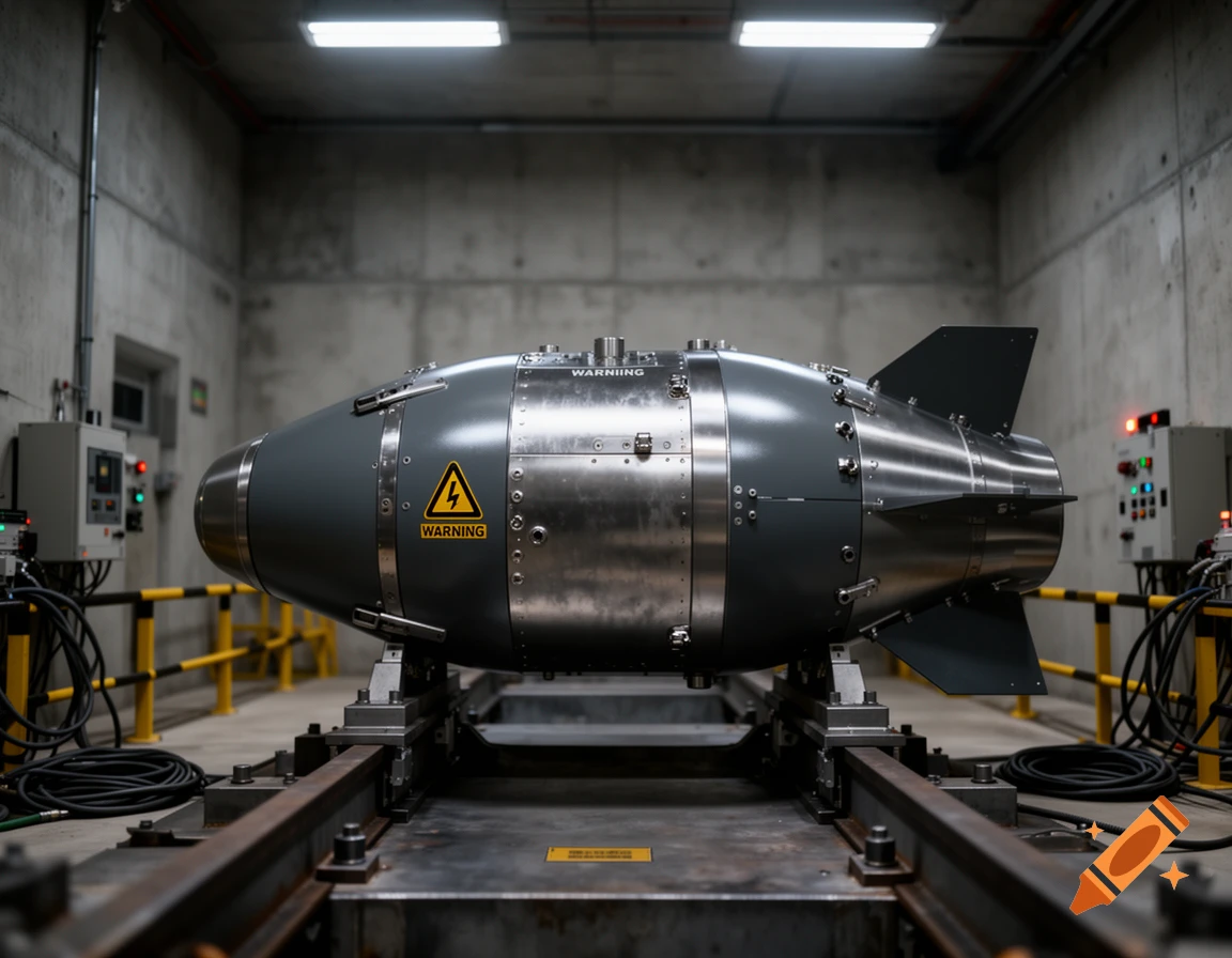 Photorealistic image of a large metallic bomb or warhead on tracks inside an industrial concrete bunker.