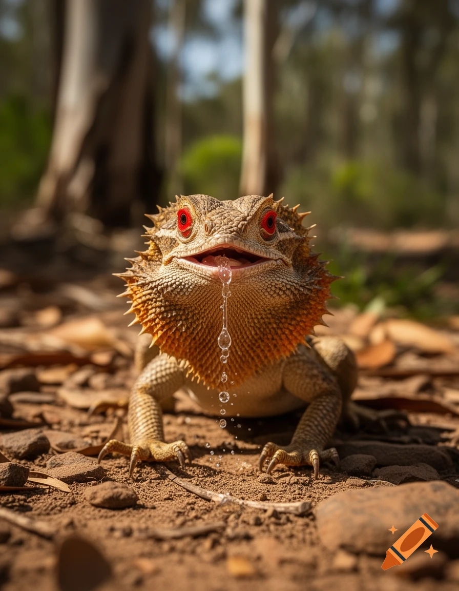 Photorealistic close-up of a frilled-neck lizard on sandy ground, with red eyes and water droplets dripping from its mouth.