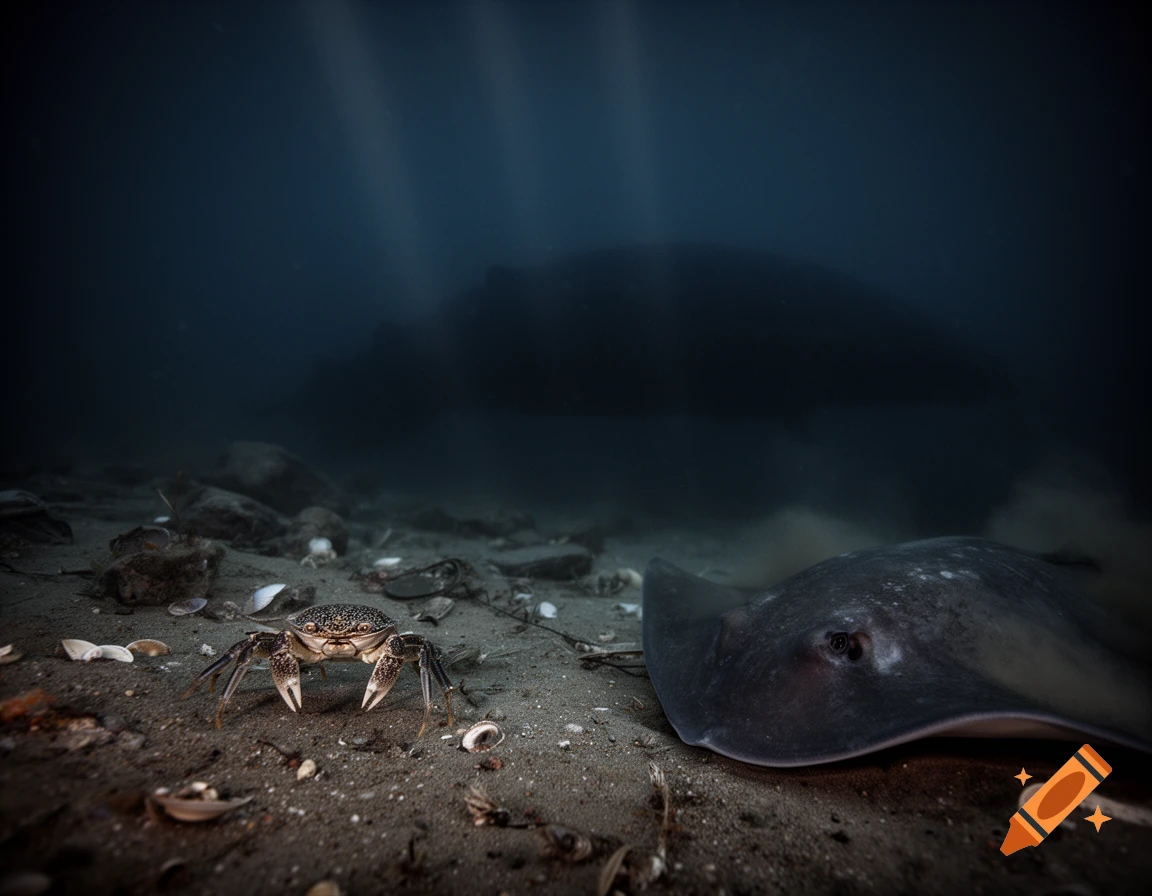 Photorealistic deep underwater scene with a crab on the seafloor, a stingray on the right, and a shadowy leviathan in the dark background.