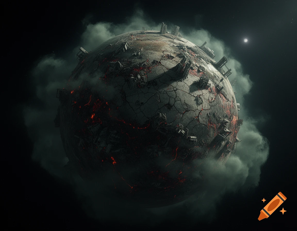 Cinematic photorealistic view of a ruined, desolate planet wrapped in dark green clouds and glowing red lava cracks in deep space.