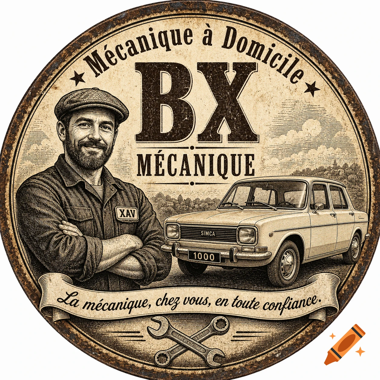 Vintage circular garage emblem with a bearded mechanic, a classic Simca car, and French text in a woodcut engraving style.