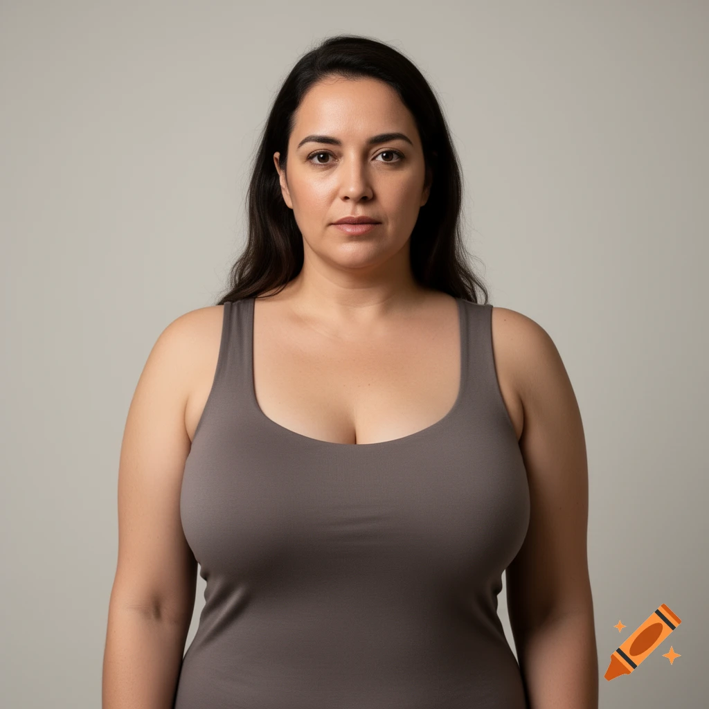 Photorealistic portrait of a woman with dark hair wearing a grey tank top against a neutral background.
