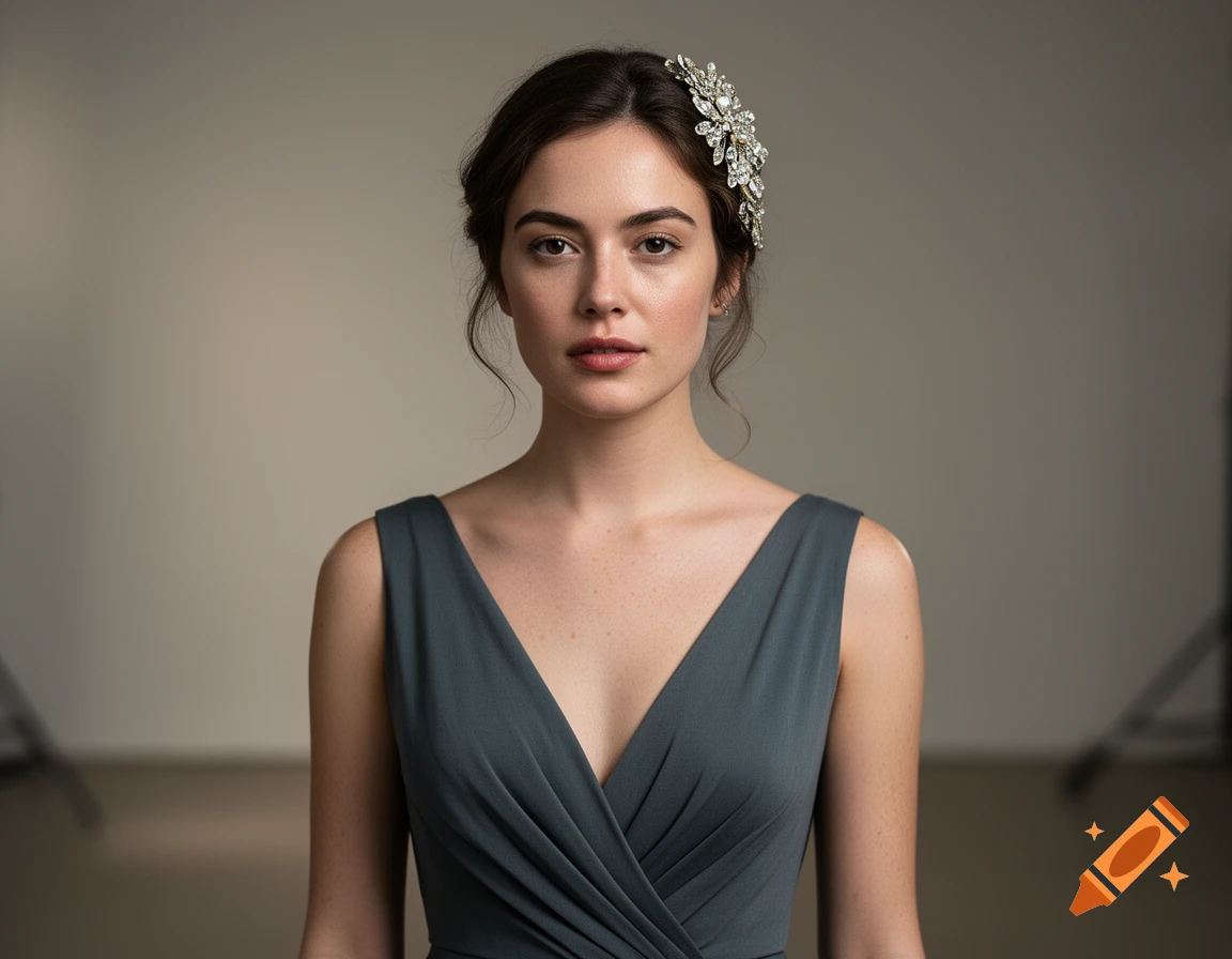 Photorealistic portrait of a young woman with dark hair and a jeweled hairpiece, wearing a dark gray v-neck dress.