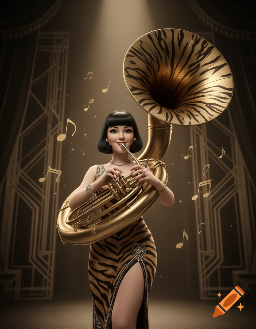 3D pin-up style illustration of a woman with a bob cut playing a large golden sousaphone on a stage with musical notes.