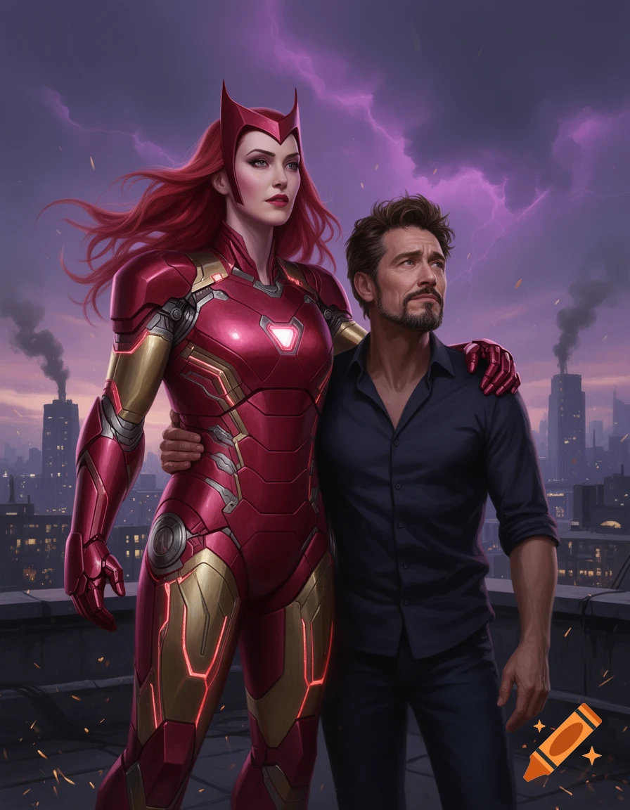 Digital art of Scarlet Witch in an Iron Man suit standing beside Tony Stark on a city rooftop under a stormy purple sky.