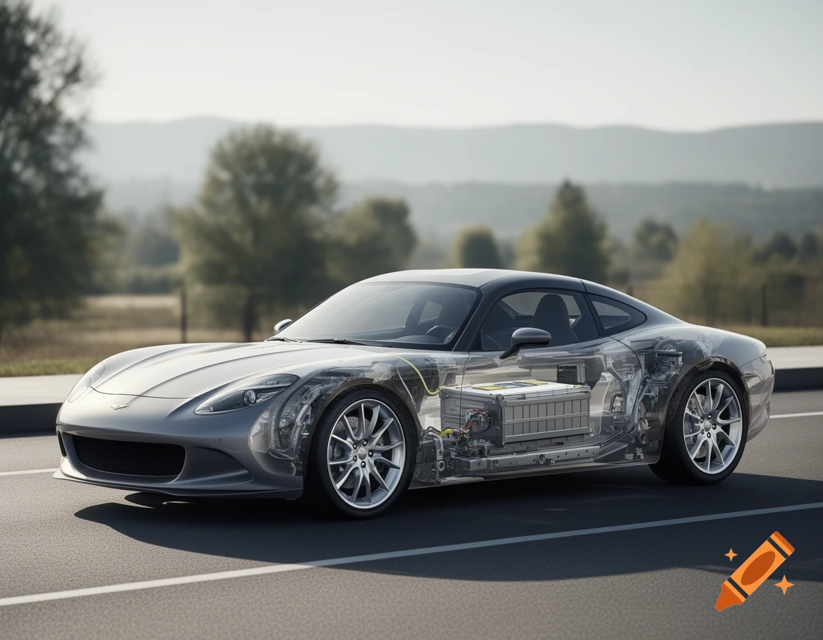 Photorealistic cutaway of a silver sports car driving on a road, revealing its internal battery and electric components.