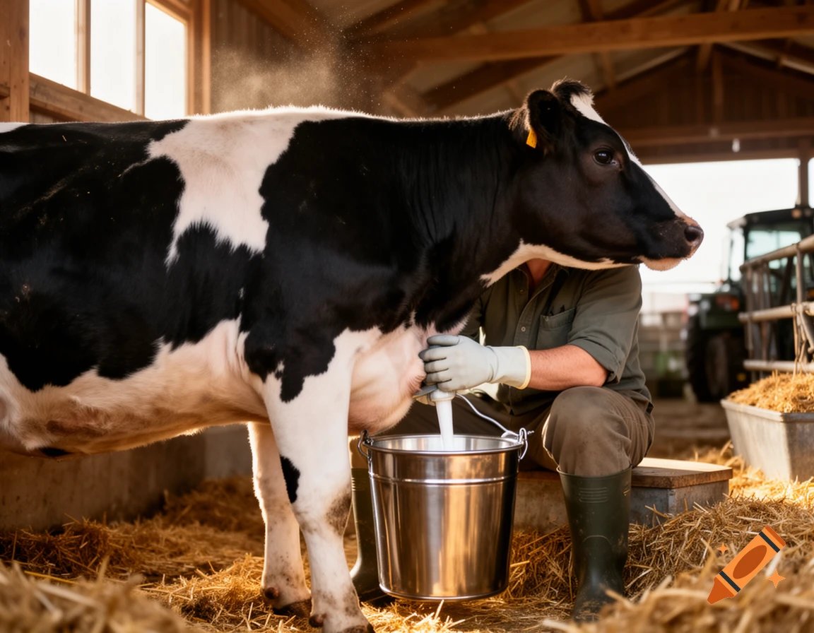 Photorealistic image of a farmer milking a black and white dairy cow into a metal bucket inside a rustic barn.