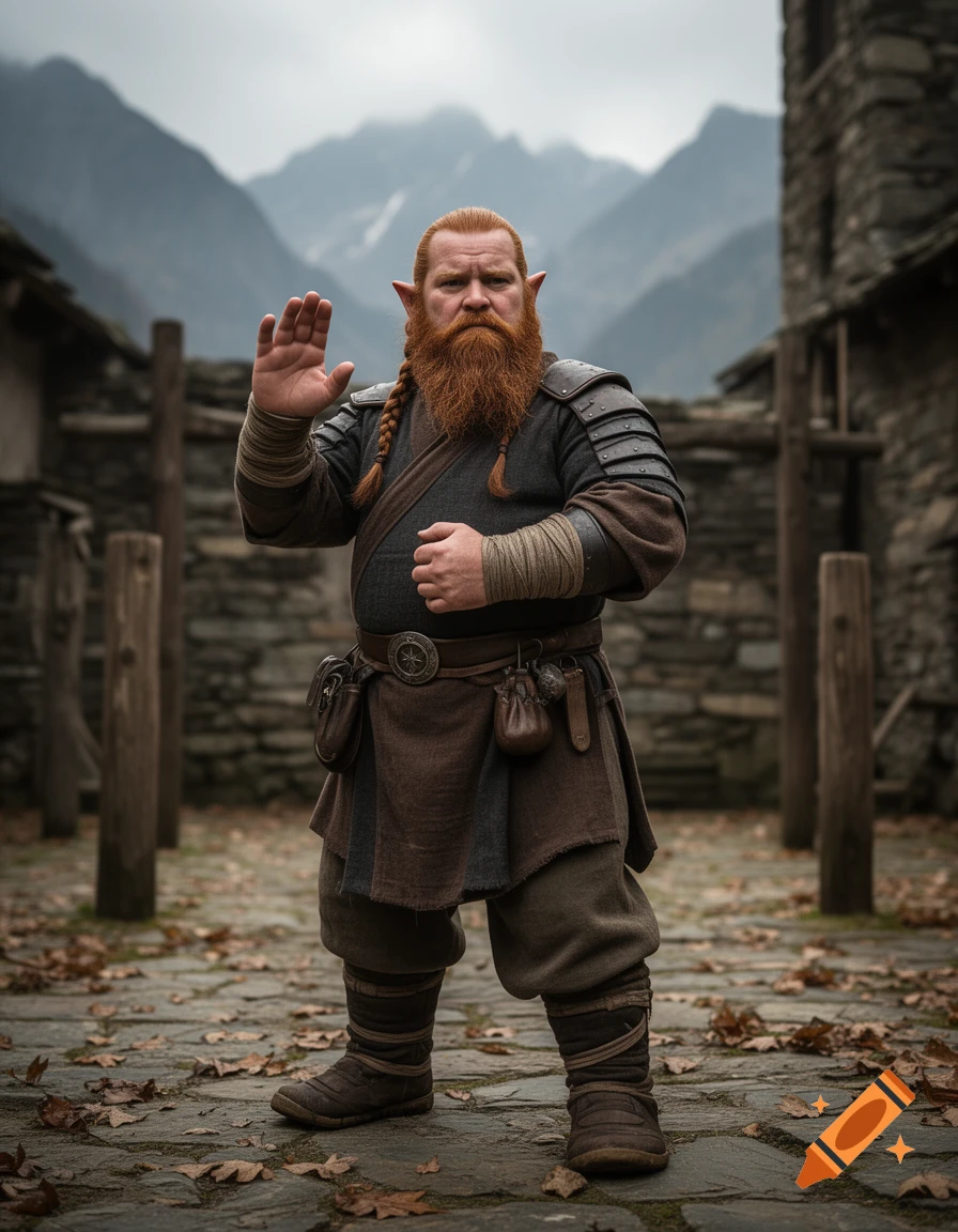 Photorealistic full-body portrait of a red-haired male dwarf monk with a braided beard standing on stone pavement with mountains in the background.
