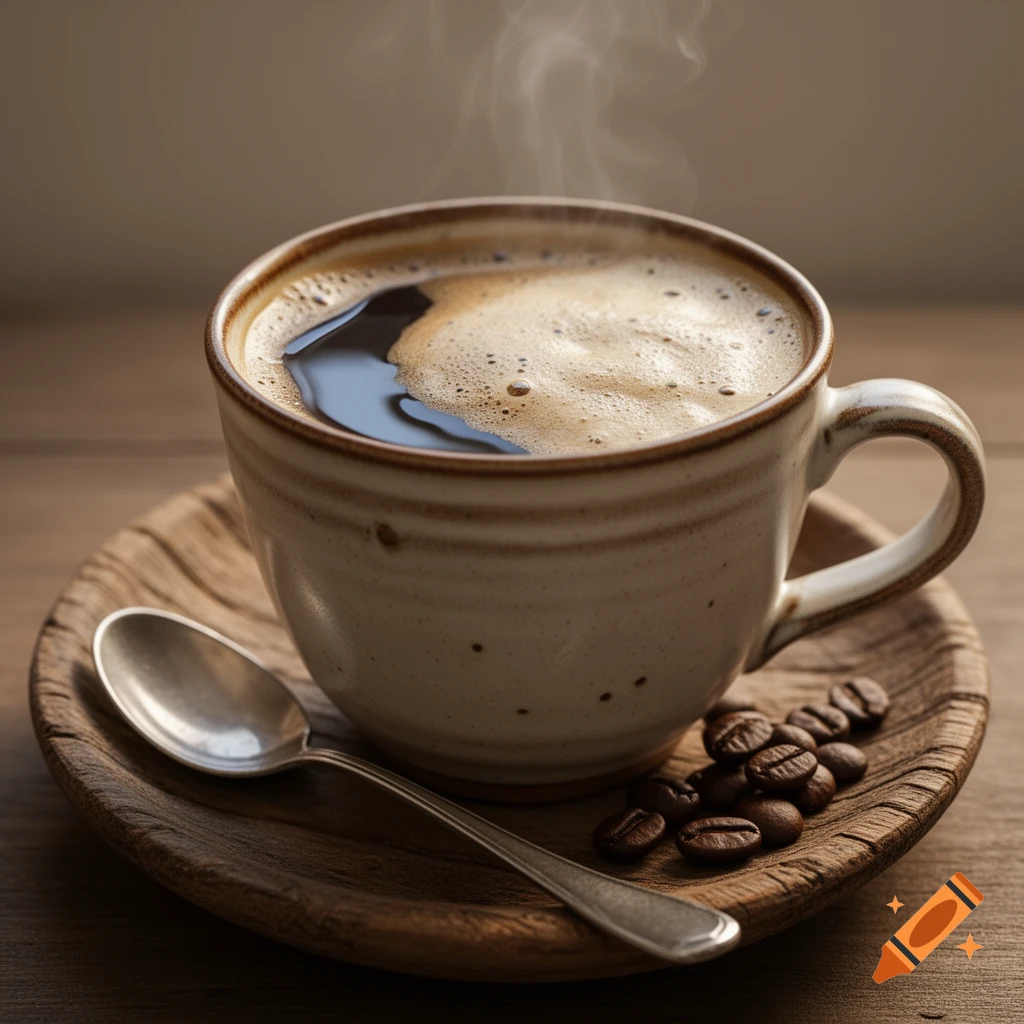 Close-up photograph of a rustic ceramic cup of fresh coffee with creamy foam, a silver spoon, and roasted coffee beans on a wooden saucer.
