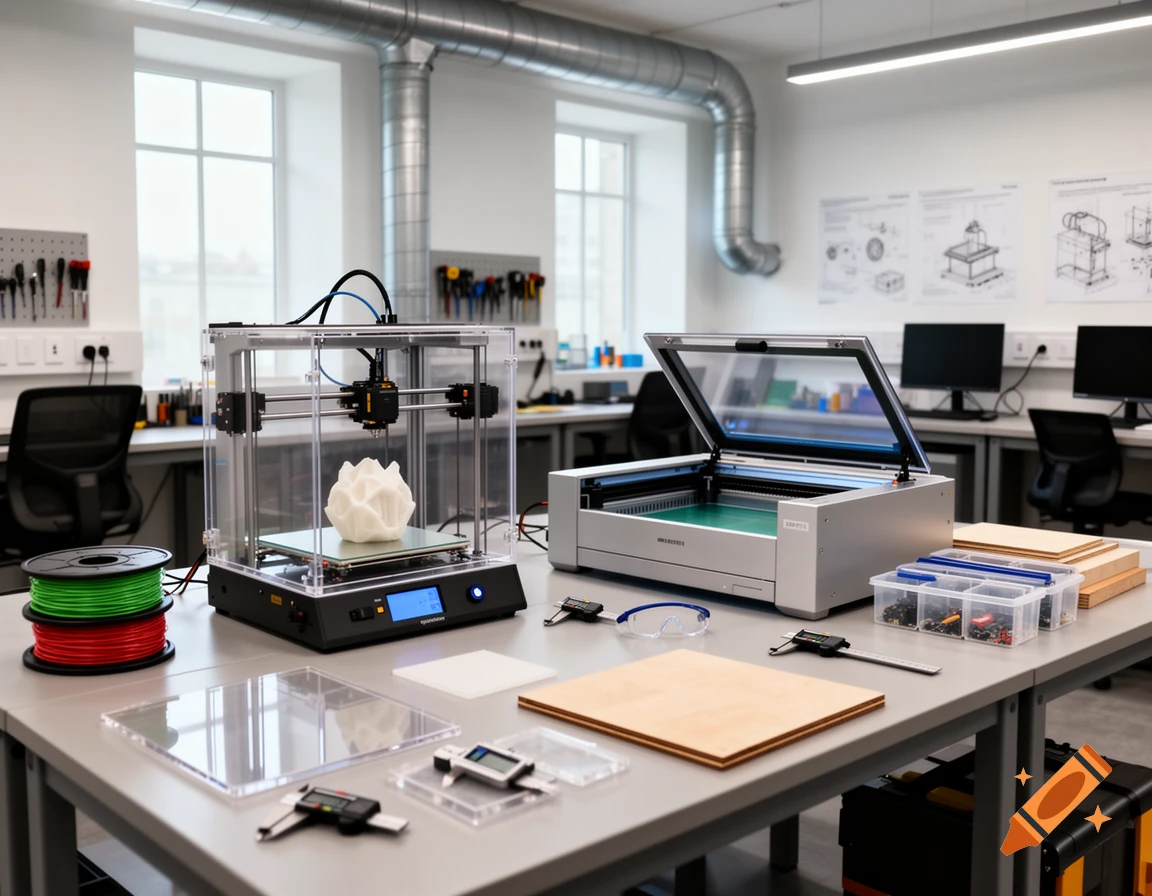 Photorealistic image of a technology classroom with a 3D printer and a laser cutter on a table.