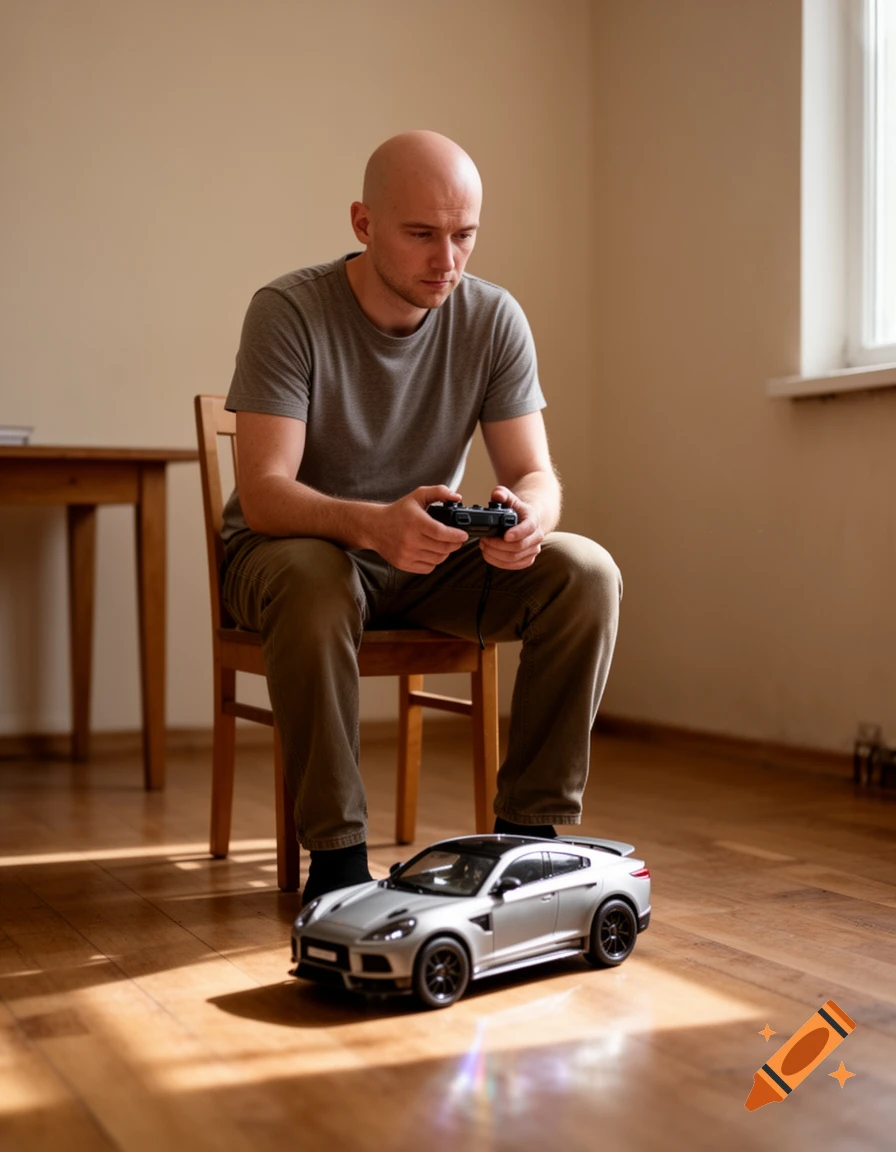 A bald man sits on a wooden chair indoors, holding a game controller while playing with a toy sports car on the floor.
