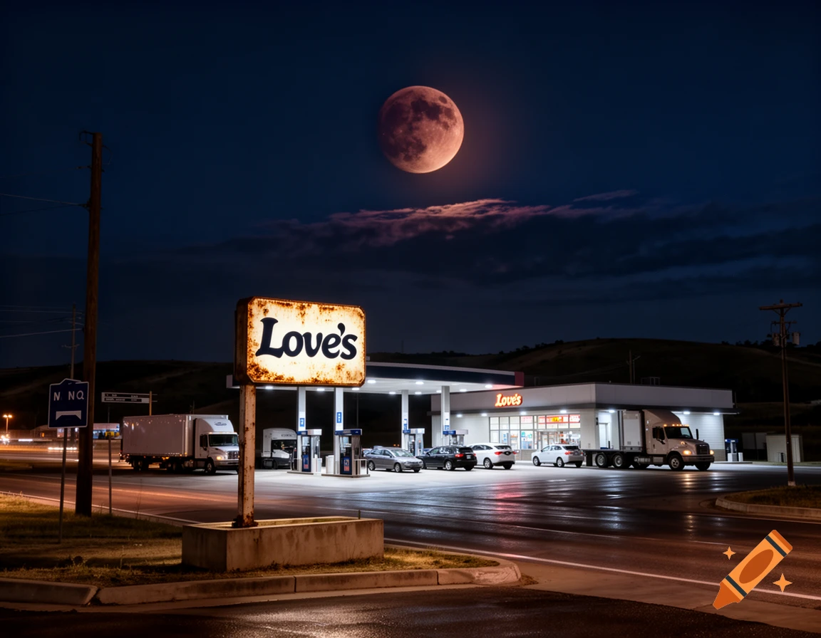 Photorealistic night scene of a lit Love's travel stop under a large red moon.