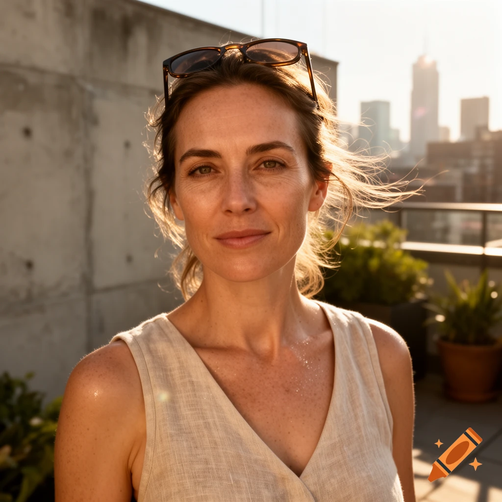 Photorealistic portrait of a woman with sunglasses on her head on a rooftop at sunset.