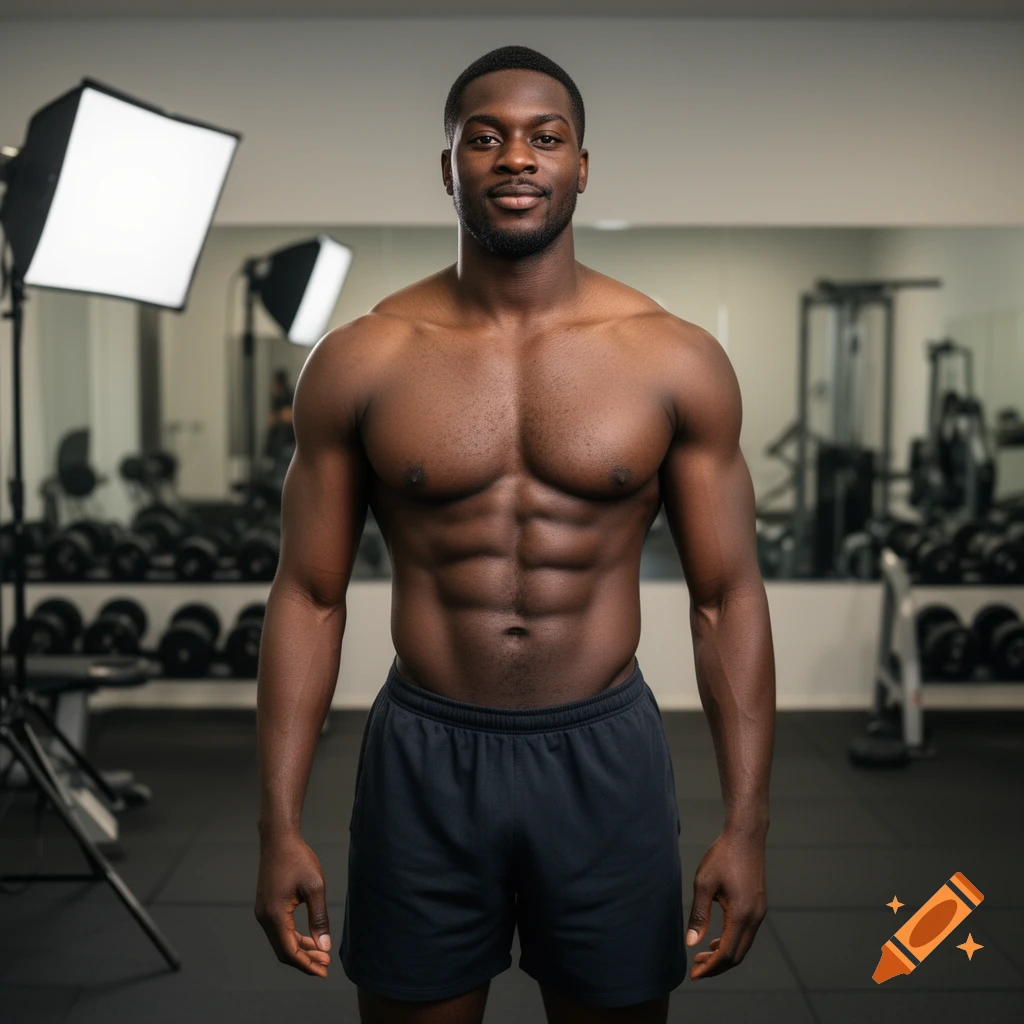 Photorealistic portrait of a shirtless muscular Black man in a gym.