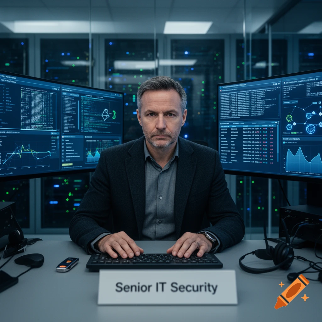 Photorealistic portrait of a senior IT security professional sitting in front of server racks with multiple monitors showing code and data.