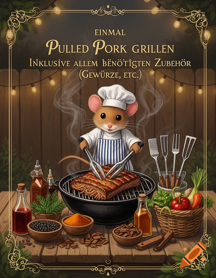An illustrated mouse chef in a hat grilling a piece of meat on a barbecue surrounded by spices and vegetables.