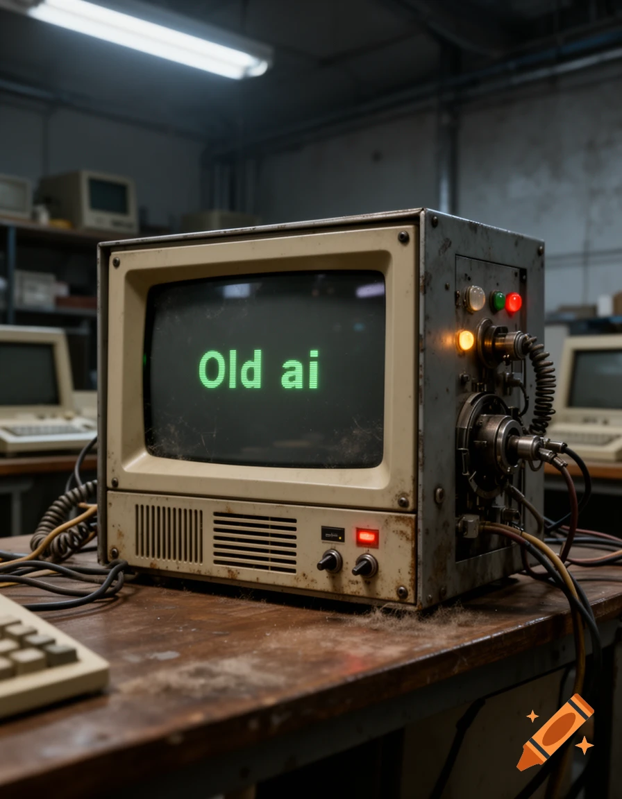 A vintage computer monitor displaying green text reading 'Old ai' sitting on a wooden desk in a workshop.