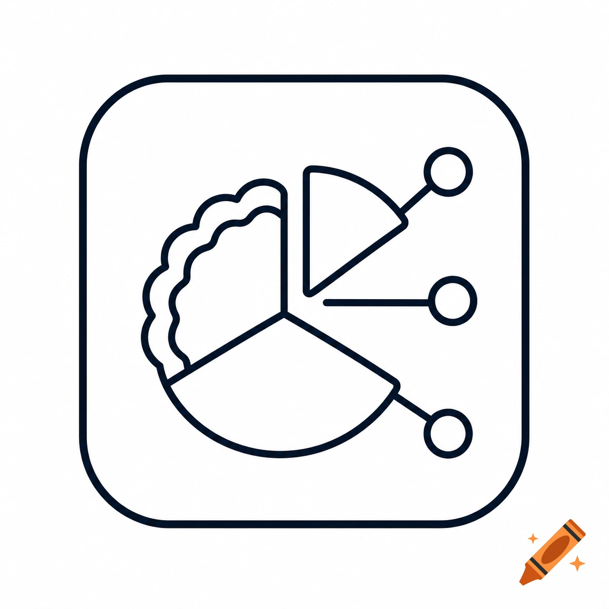 Minimalist black and white line art icon of a pie chart resembling a sliced pie inside a rounded square.
