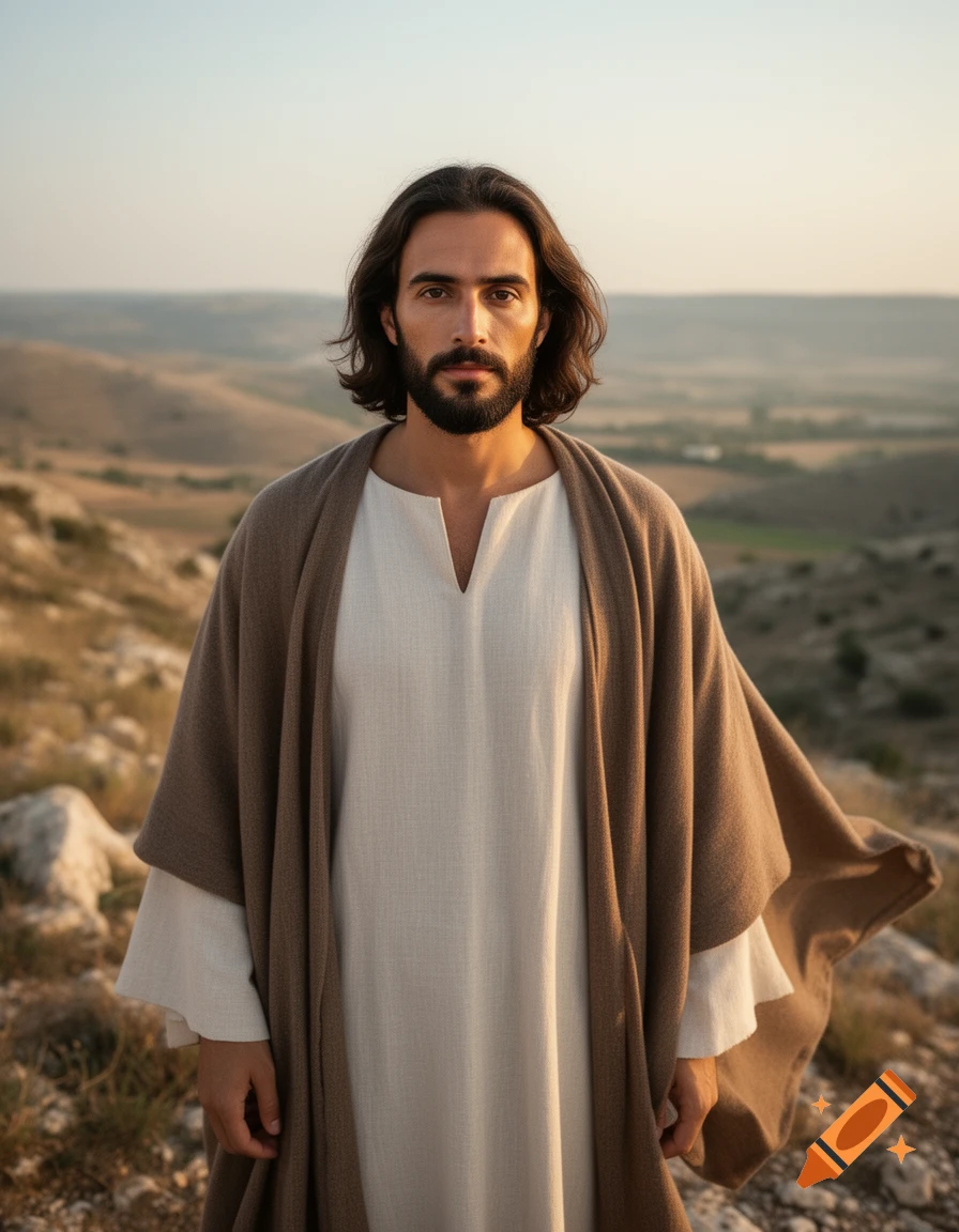 Photorealistic portrait of Jesus with dark hair and beard, wearing a white robe and brown cloak outdoors in a hilly landscape.