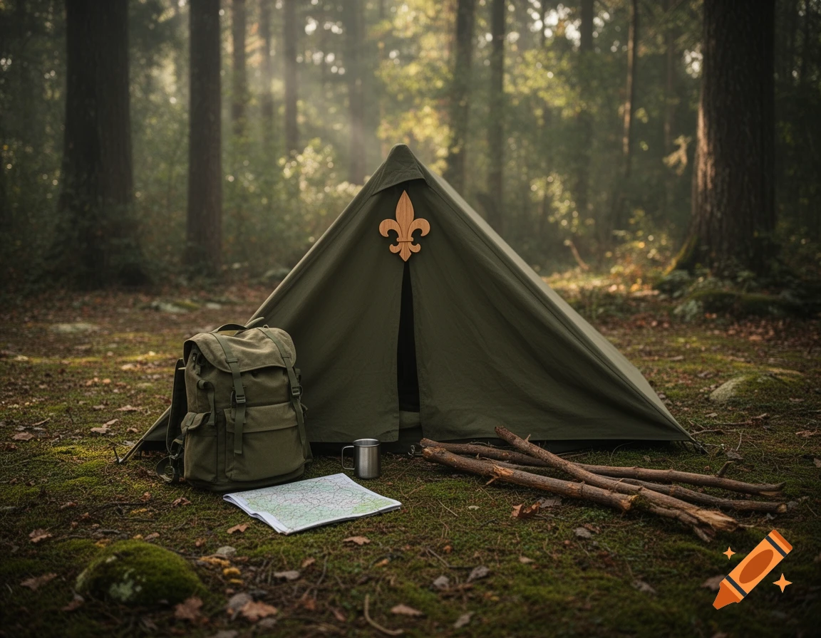 Photorealistic image of a green scout tent in a forest with a backpack, map, cup, and wooden sticks on mossy ground.
