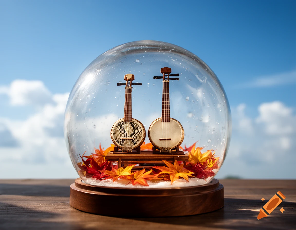 Photorealistic snow globe with two okinawa sanshins and autumn leaves inside, resting on a wooden surface against a blue sky with clouds.