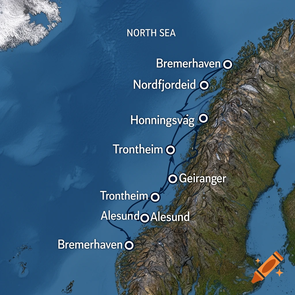Satellite style map of Norway showing cruise route with labels like Bremerhaven, Nordfjordeid, Geiranger, and Honningsvåg.