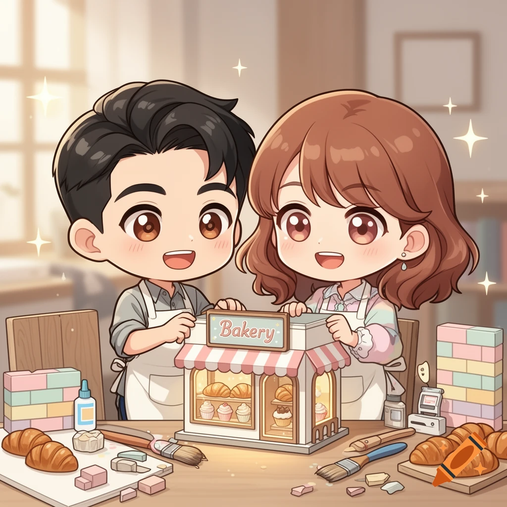 Chibi anime-style illustration of a man and woman crafting a miniature bakery model on a wooden table.