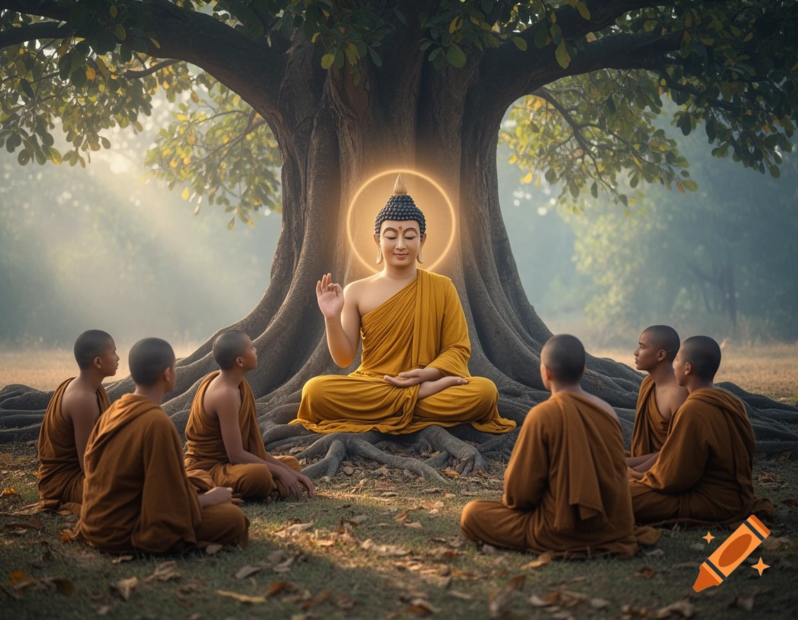 Gautama Buddha sitting in lotus position under a large tree, preaching to six monks in yellow robes, realistic style.