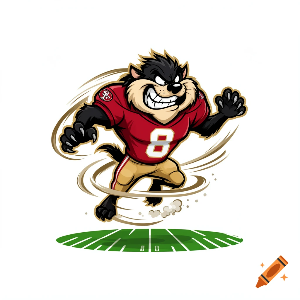 Cartoon logo of Tasmanian Devil in a red and gold football uniform with number 8, spinning on a field.