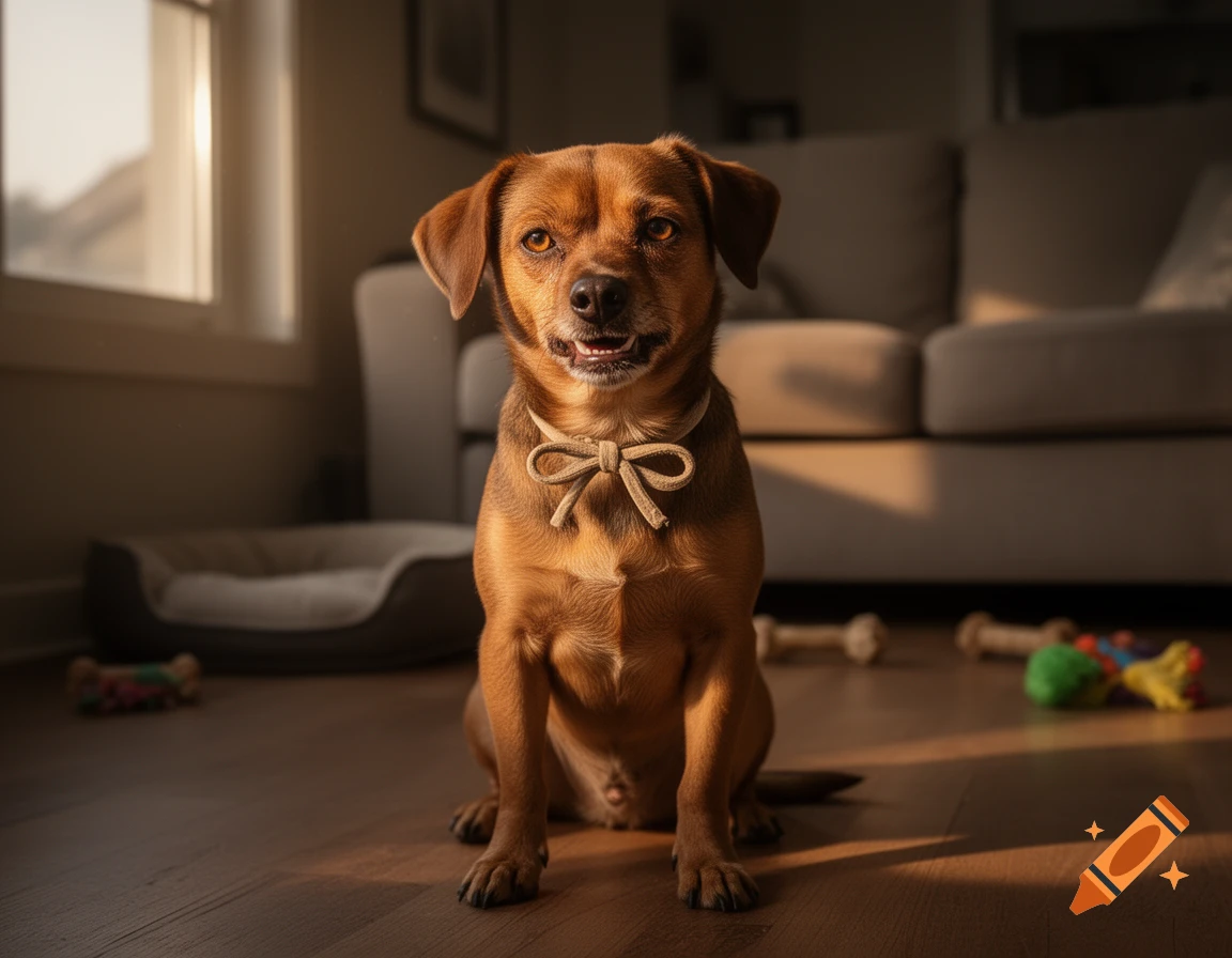 A small brown dog with a beige bow collar sitting on a wooden floor in a living room at dawn, digital illustration style.