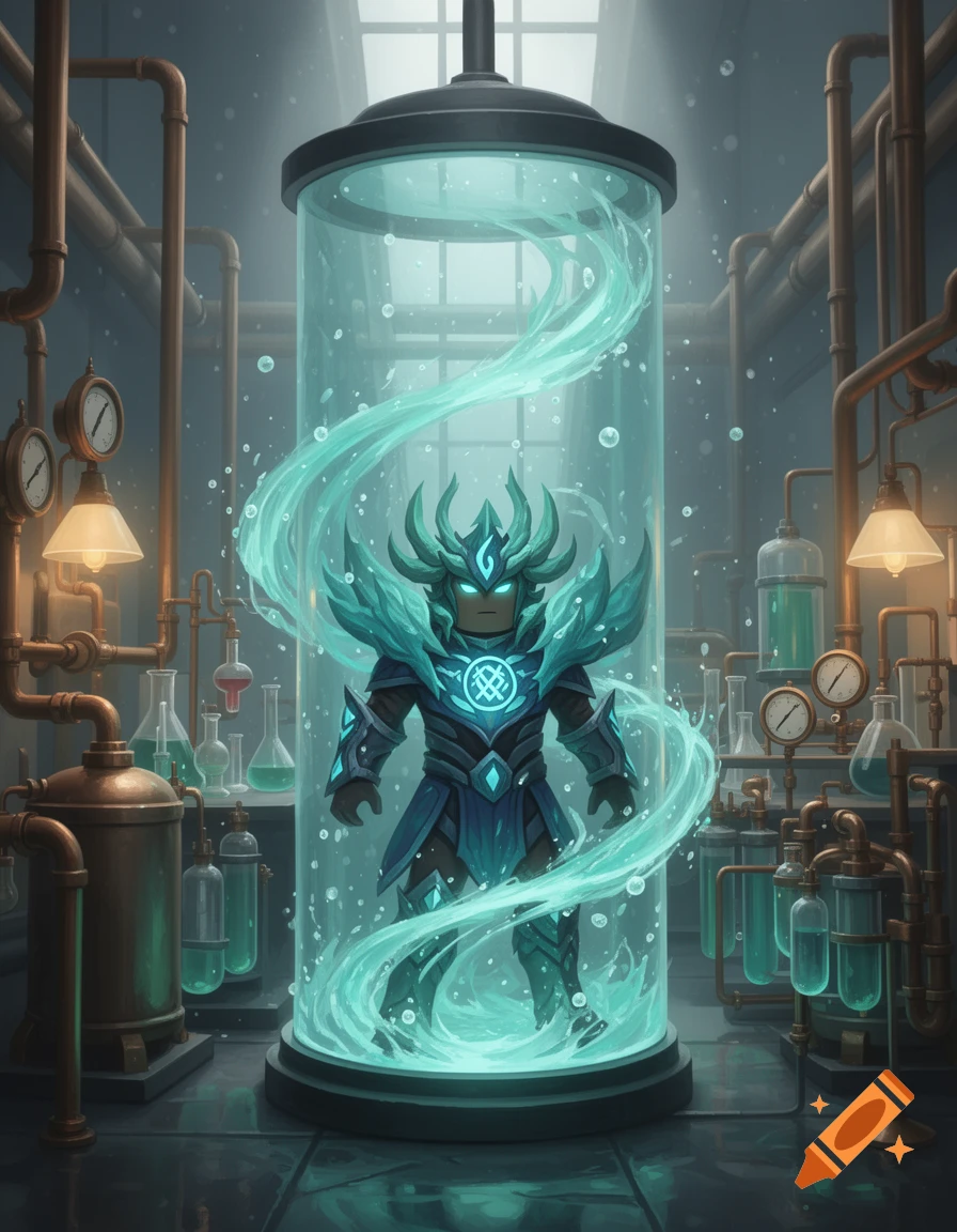 A stylized fantasy character in glowing blue armor inside a large glass containment tube in a laboratory.