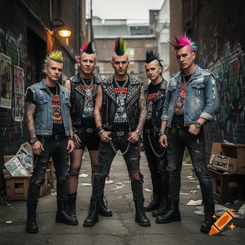 Five punk individuals with colorful mohawks, leather jackets, and ripped jeans posing in a gritty urban alleyway, photorealistic.