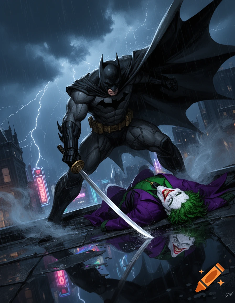Batman standing over a fallen Joker on a rainy rooftop with a neon sign in the background.
