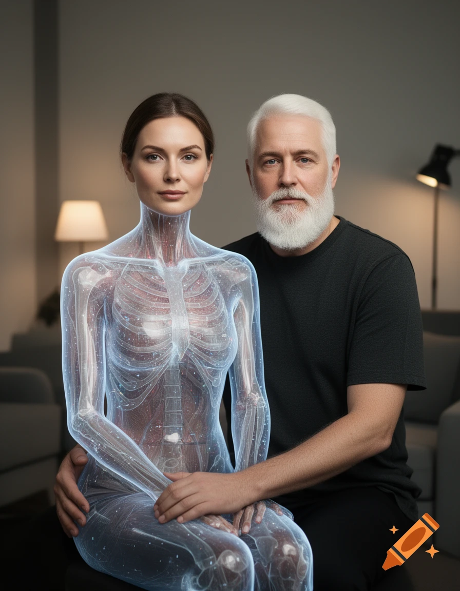 Photorealistic portrait of an older man with white hair and beard sitting with a translucent digital human female figure.