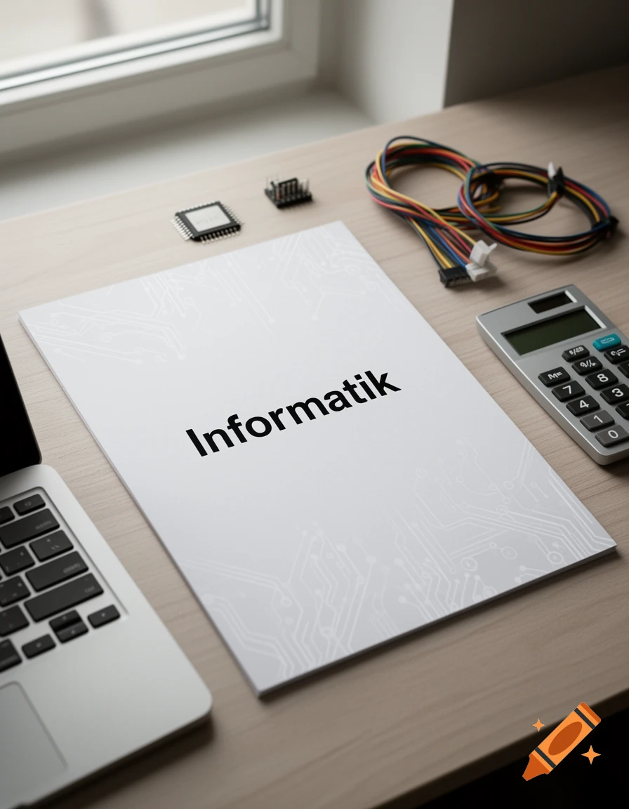 Photorealistic overhead view of a desk with a notebook labeled 'Informatik', laptop, calculator, and electronic components.