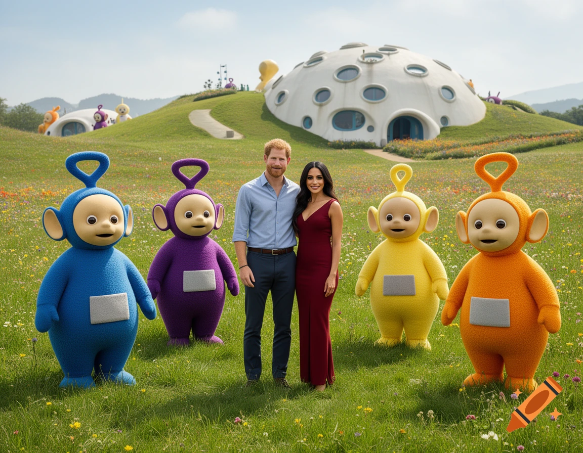Prince Harry and Meghan Markle standing in a green field alongside four colorful Teletubbies, with a futuristic domed building in the background.