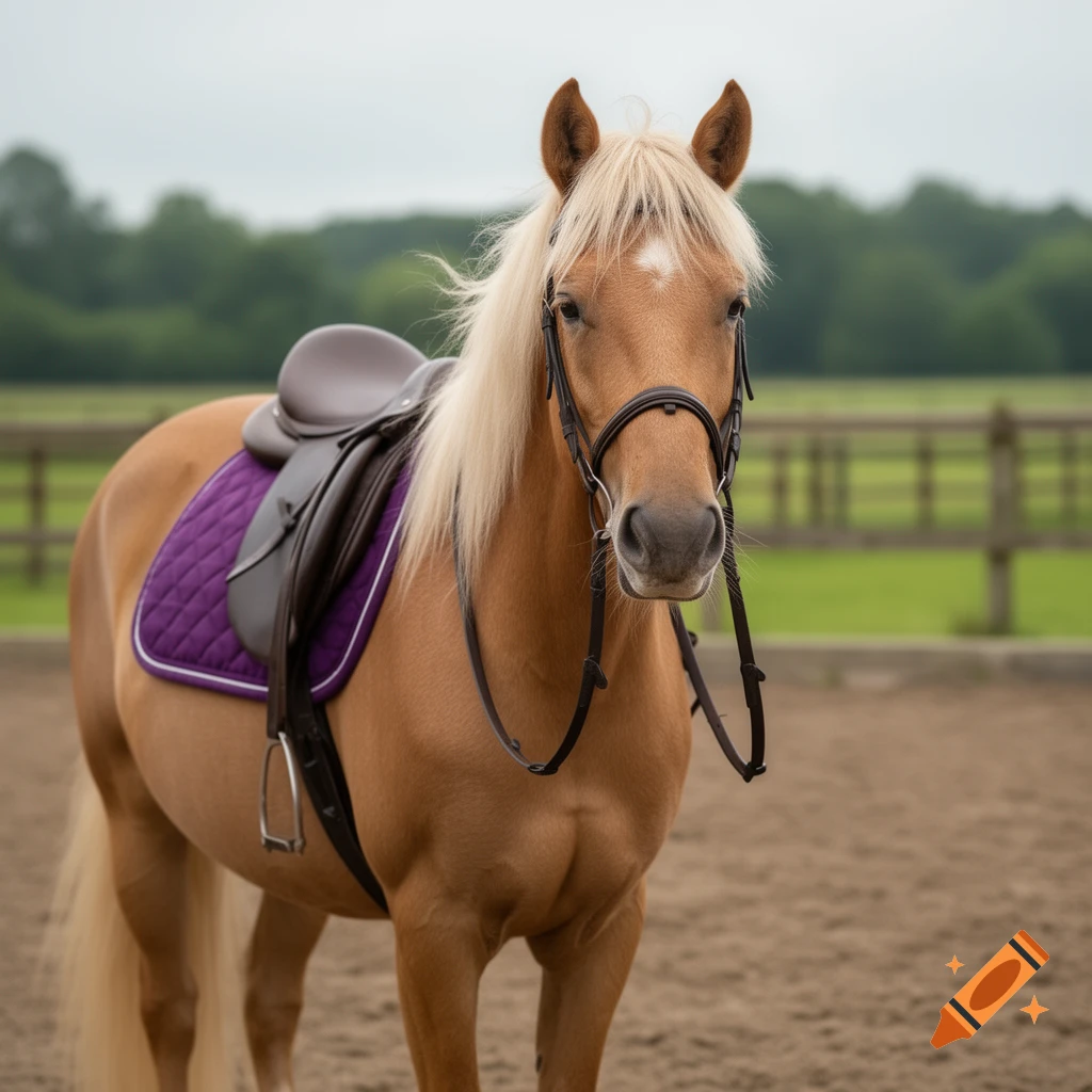 Photorealistic image of a light brown horse with a blonde mane and a purple saddle blanket in a riding arena.