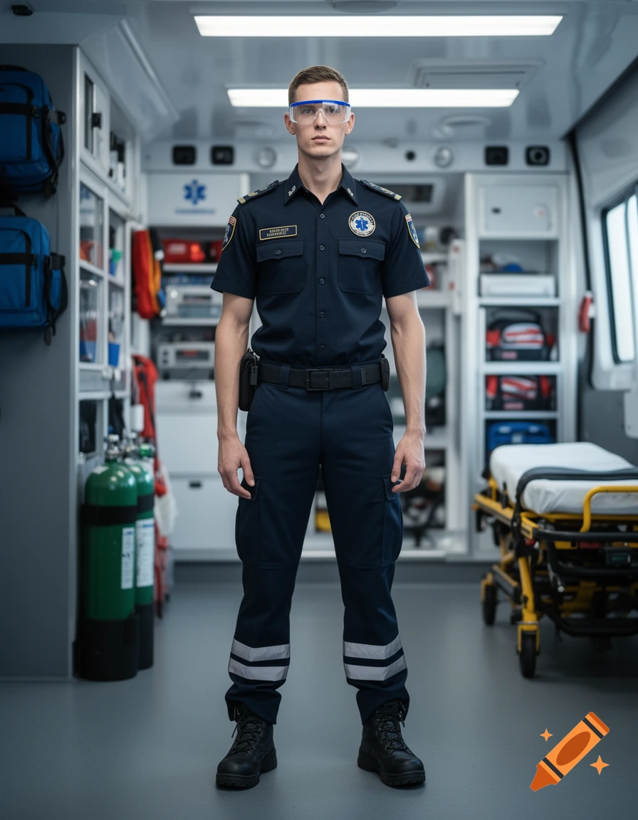 Photorealistic full-body portrait of a male paramedic standing inside an ambulance.