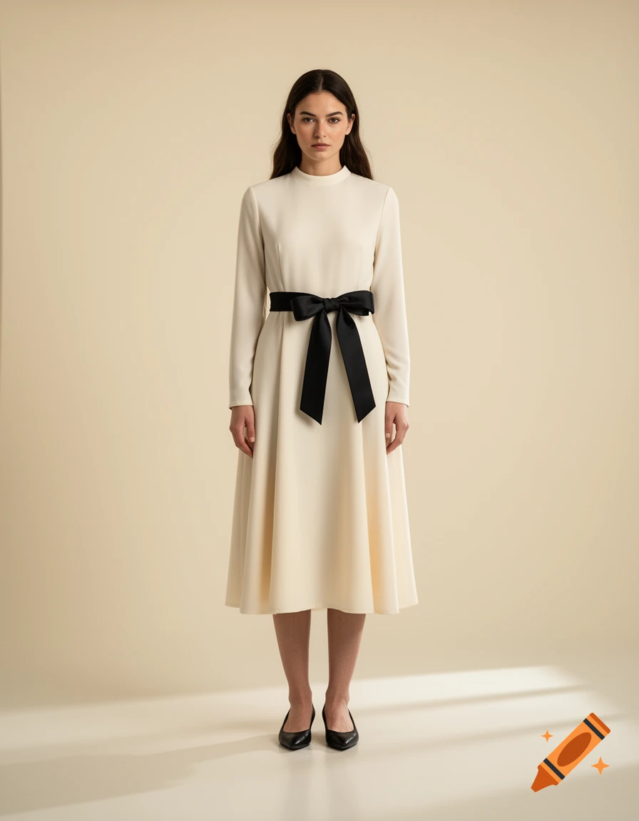 Photorealistic full-length studio portrait of a woman wearing an ivory modest midi dress with a large black bow belt.