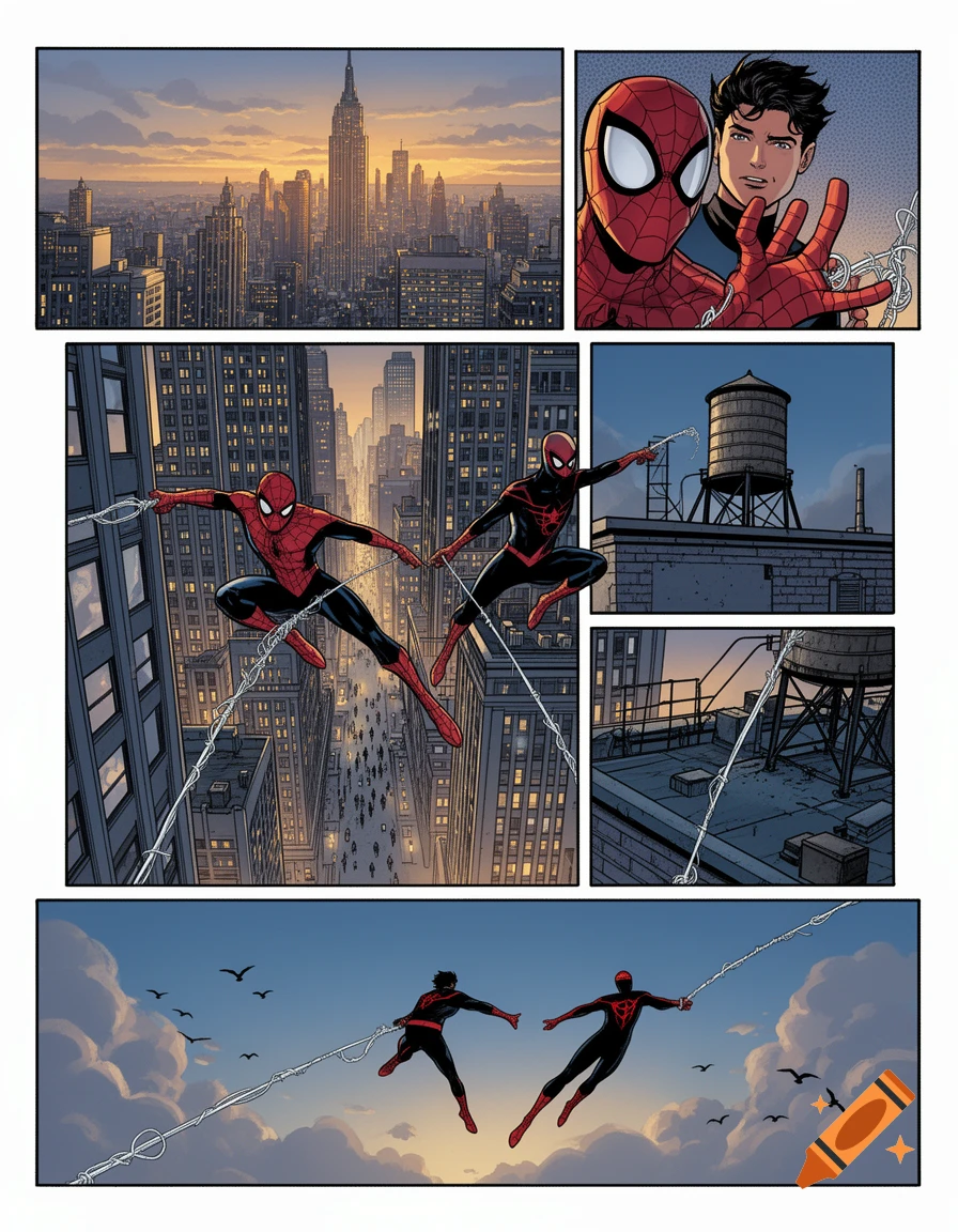 Comic book style page featuring Spider-Man and Miles Morales swinging through a New York City skyline at sunset.