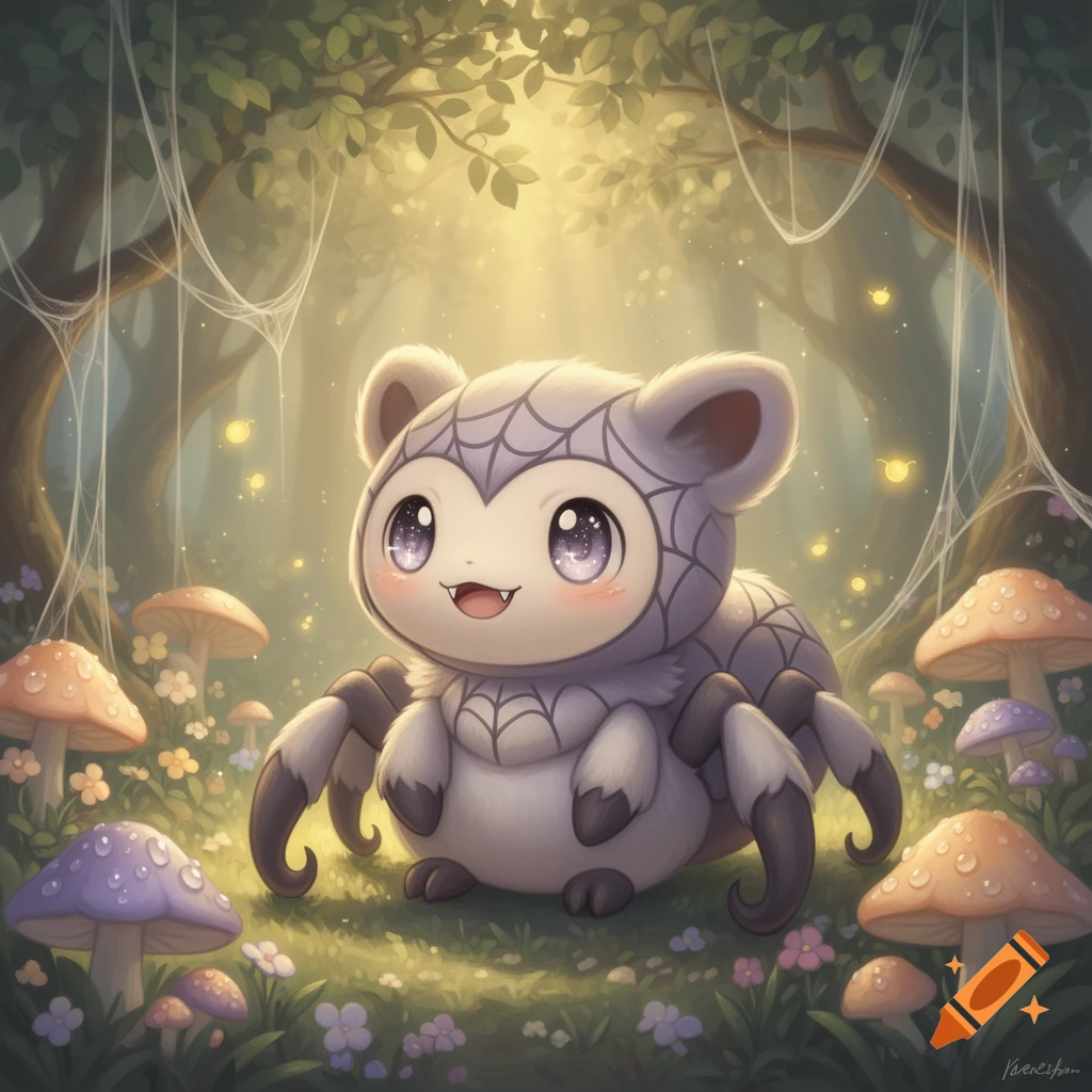 Digital art of a cute spider-like creature with fluffy fur, large purple eyes, and spiderweb patterns in a magical forest with glowing mushrooms.