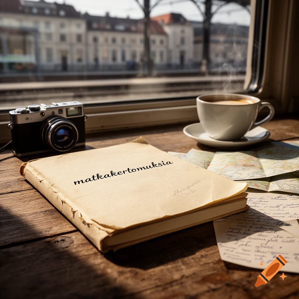 A vintage camera, a book with the title matkakertomuksia, maps, and a steaming cup of coffee on a wooden table near a train window.