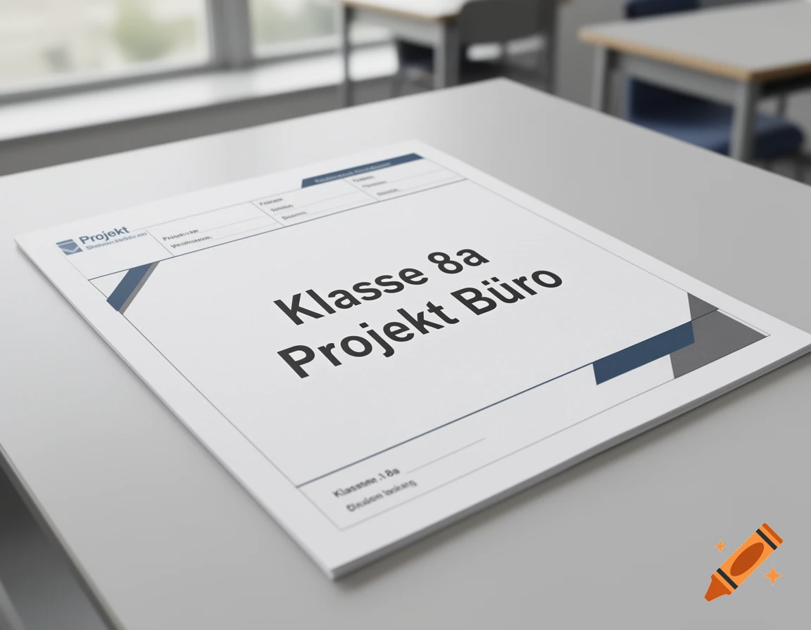 A document with the text 'Klasse 8a Projekt Büro' resting on a grey desk in a classroom setting, photorealistic.